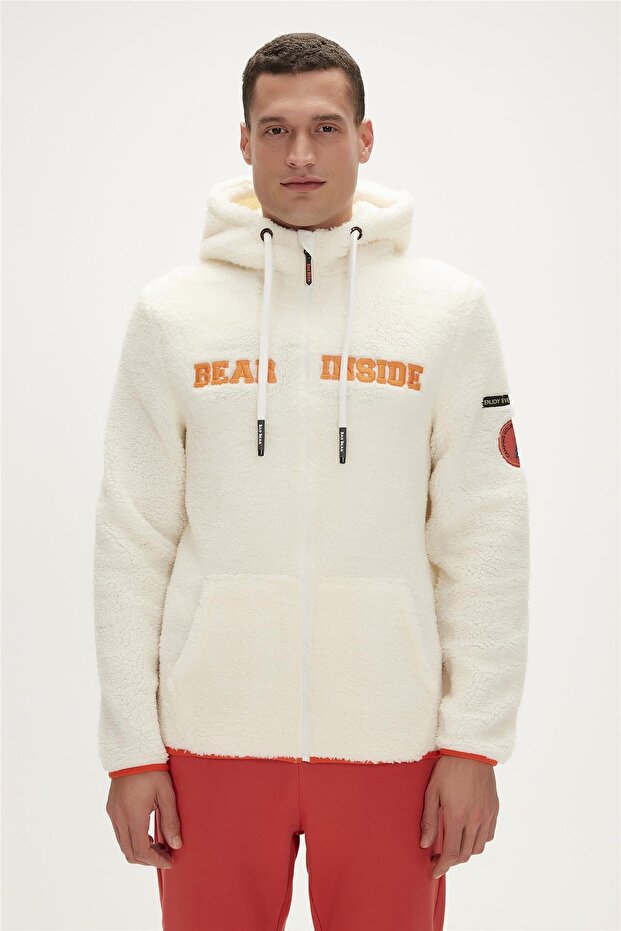 Shaggy Plush Full-Zip Marshmallow White Plush Men's Hooded Sweatshirt
