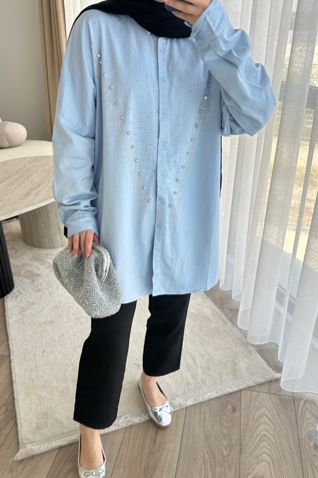 Women's Stone Detailed Oversize Stylish Hijab Shirt Tunic – Special Design, Elegant and Modern
