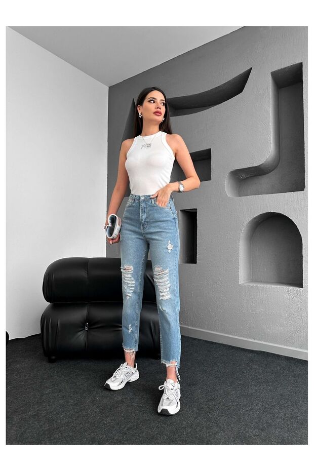 Blue Mom Jeans with Ripped Ankle Hem