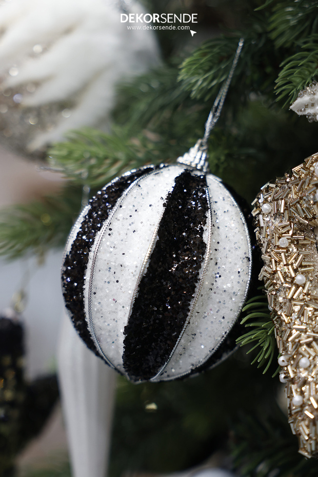 Christmas Ornament Glittered Sliced 2-Piece Ball Black and White 10 cm