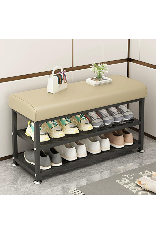 FFD 2-Tier Shoe Rack with Soft Cushion, Metal Frame Entryway Shoe Changing Stool, Space-Saving Beige