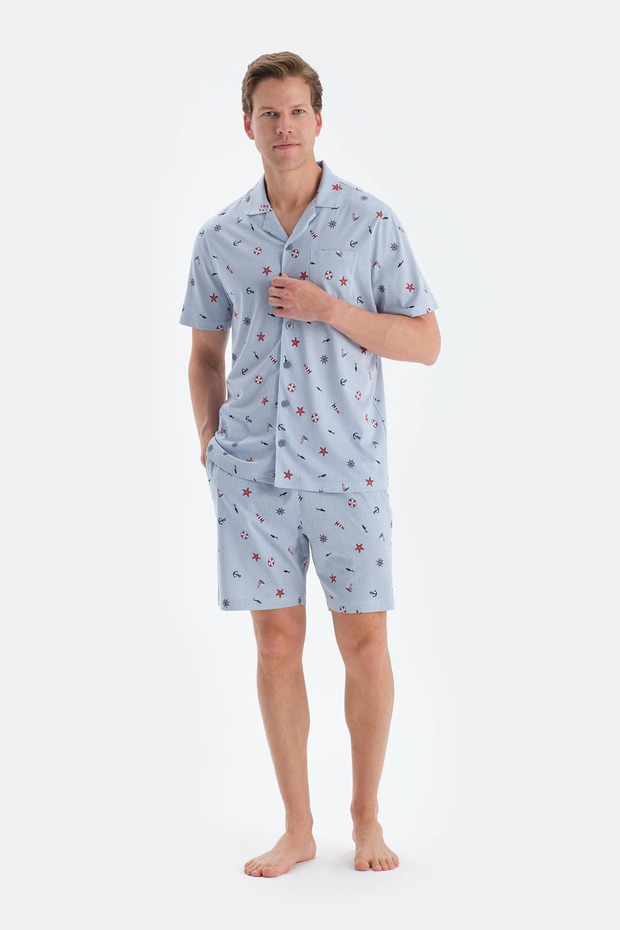 Açık Mavi Metraj Baskılı Gömlek Şort Pijama Takımı - 2