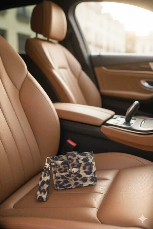 Minimal Wallet & Card Holder with Leopard Pattern Keychain and Card Holder Detail - 5