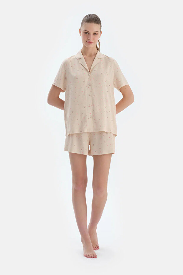 Ekru Çıtır Çiçek Desenli Dokuma Şort - 1