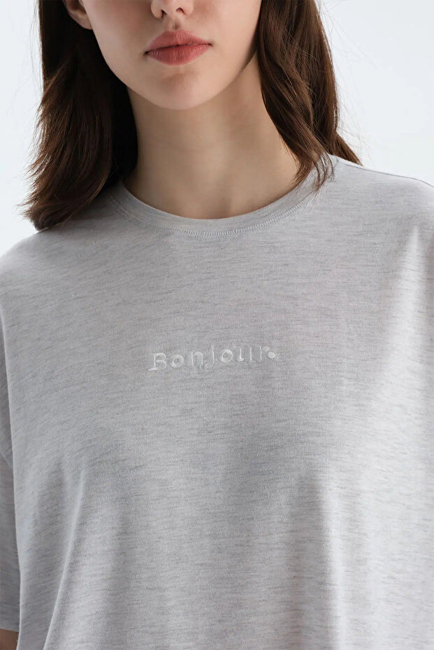 Gri Melanj Baskı Detaylı Kısa Kollu Tişört Şort Pijama Takımı - 5