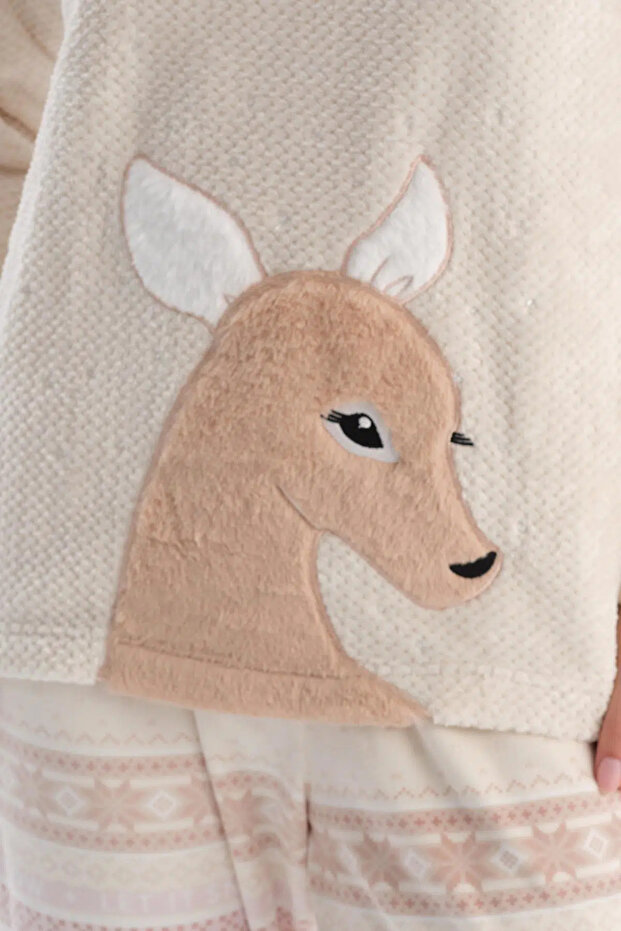 Ekru Geyikli Altı Metraj Baskılı Pijama Takımı - 6