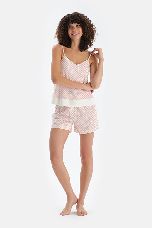 Turuncu V Yaka Metraj Baskılı Atlet Şort Pijama Takımı - 1