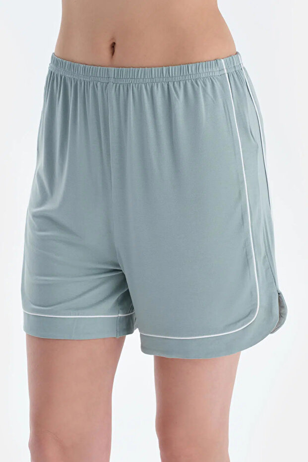 Su Yeşili Biye Detaylı Kısa Kollu Gömlek Şort Pijama Takımı - 6