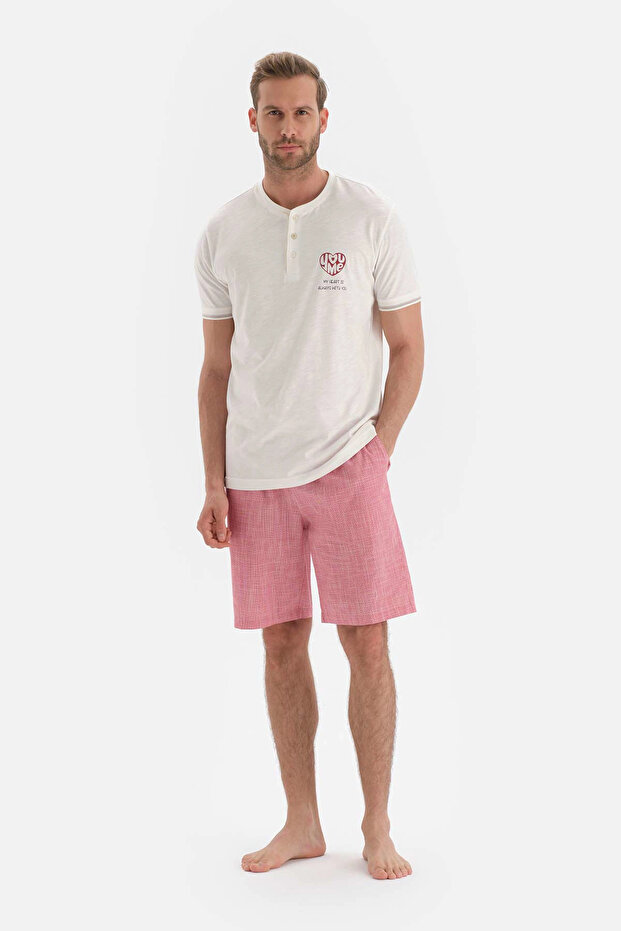 Ekru Kısa Kollu Slogan Baskılı Şort Pijama Takımı - 6