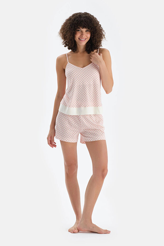 Turuncu V Yaka Metraj Baskılı Atlet Şort Pijama Takımı - 4