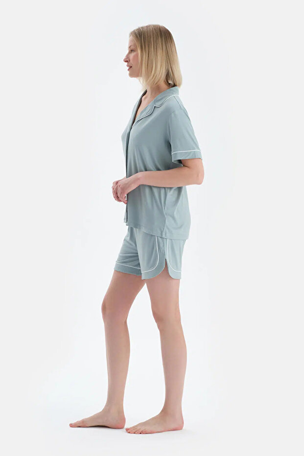 Su Yeşili Biye Detaylı Kısa Kollu Gömlek Şort Pijama Takımı - 3