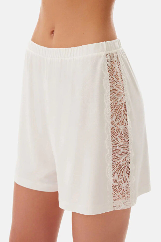 Ekru Dantel Detaylı Atlet Şort Pijama Takımı - 5