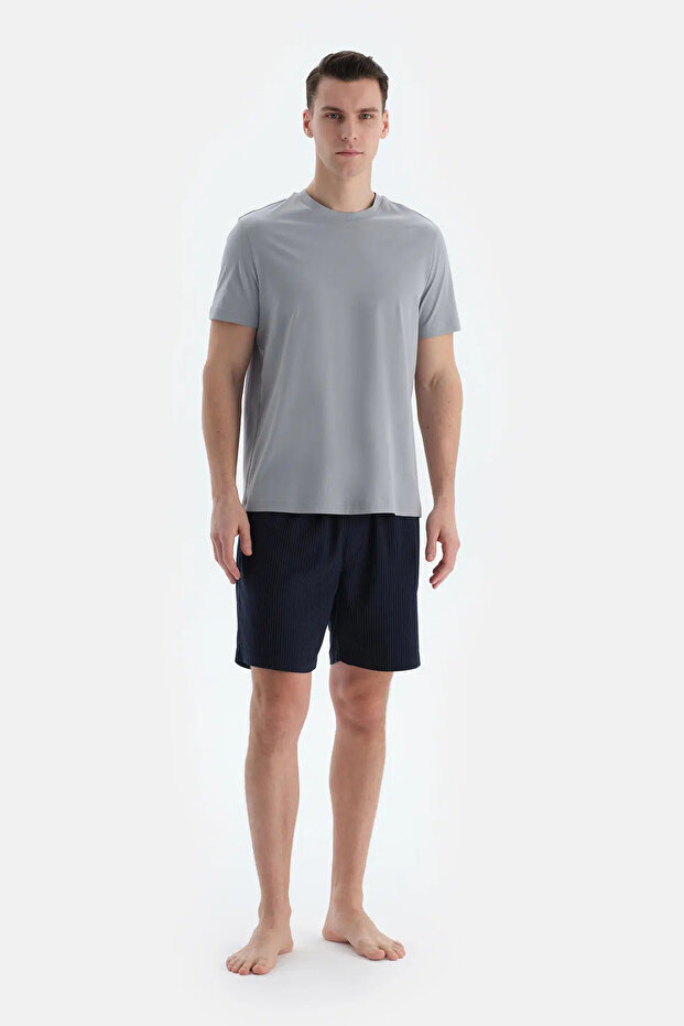 Lacivert Çizgili Dokuma Şort - 4