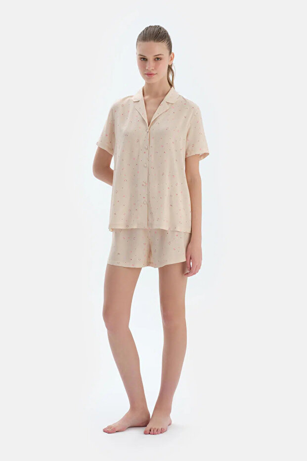 Ekru Çıtır Çiçek Desenli Dokuma Şort - 4