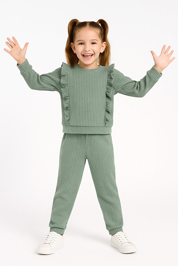 Fodros pamut hosszú ujjú felső és alsó dupla lány szett - 2