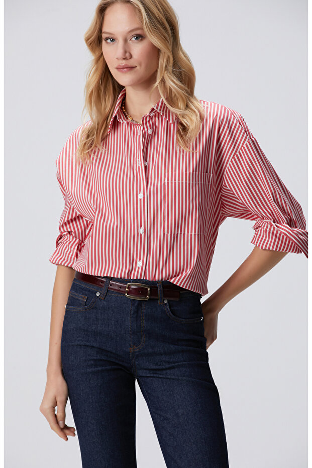 Kırmızı Beyaz Oversize Gömlek - 1