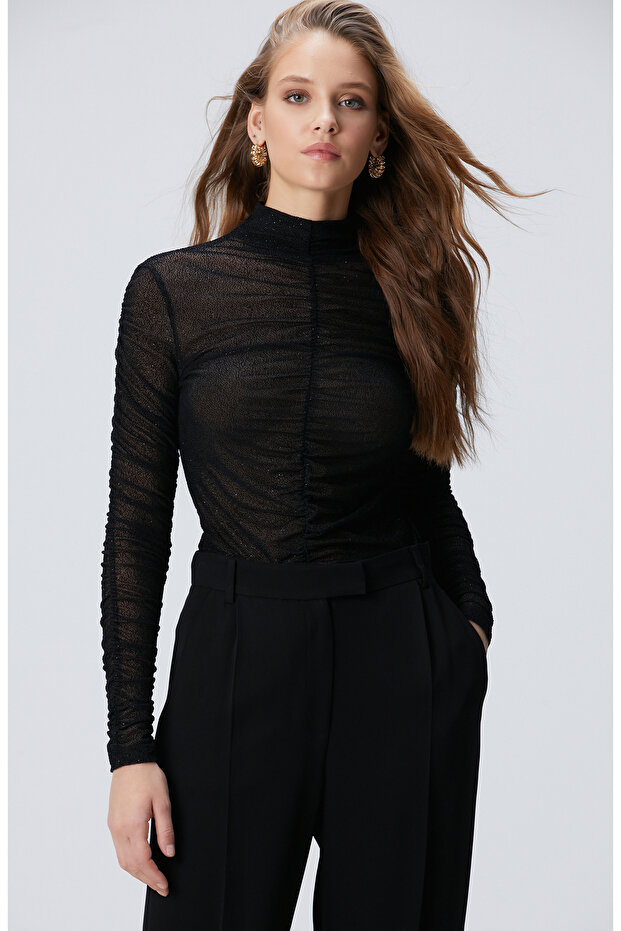 Siyah Flok Baskılı Örme Bluz - 4