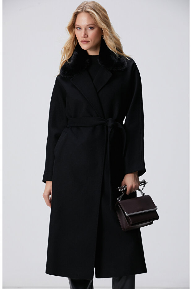 Siyah Kaşmir ve Yün Karışımlı Manto - 4