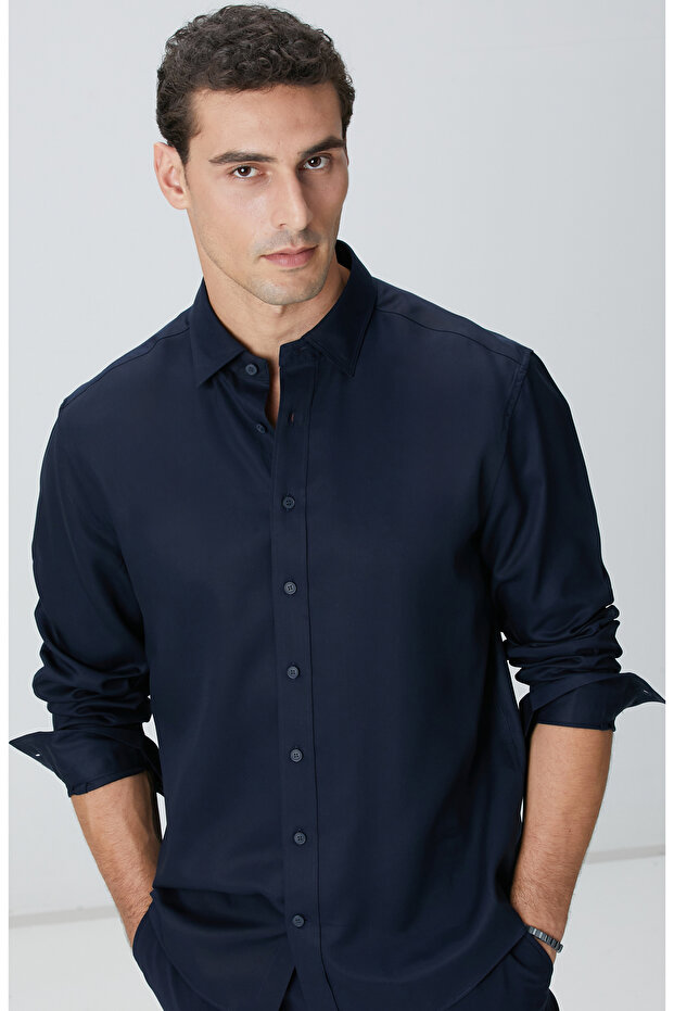 Lacivert Lyocell Gömlek - 2