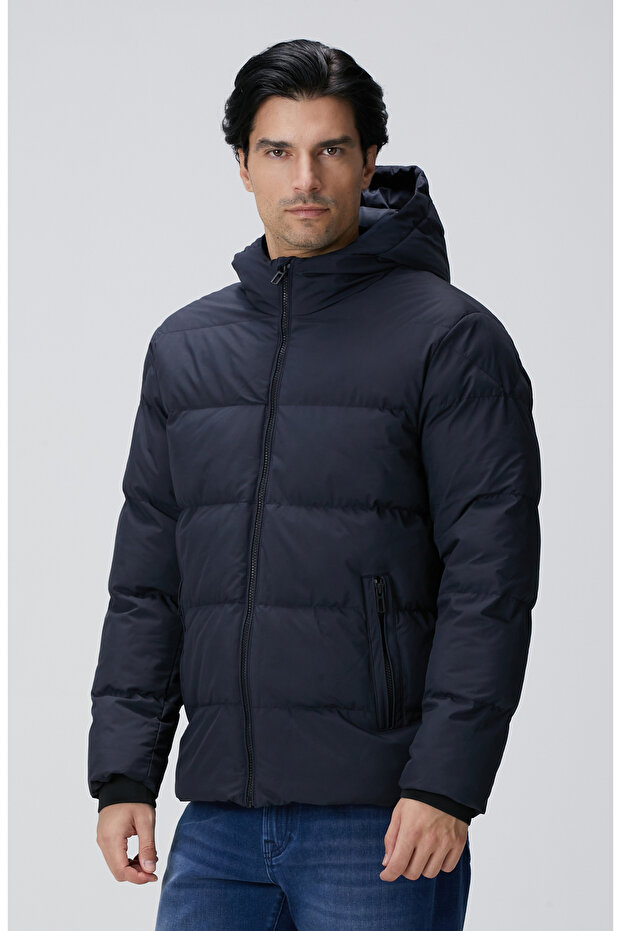 Lacivert Kapüşonlu Puffer Mont - 4