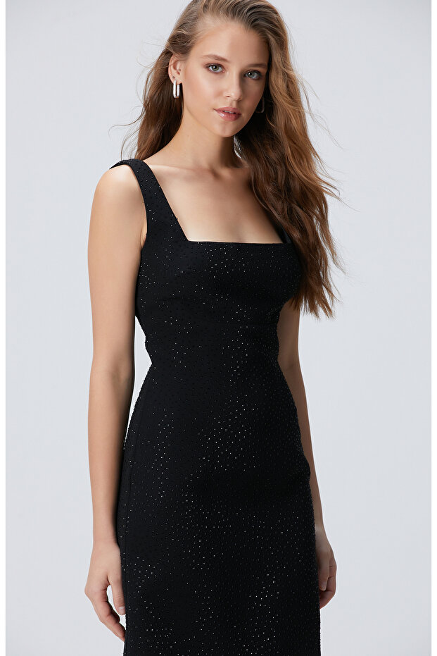 Siyah Taş Baskılı Abiye Elbise - 4