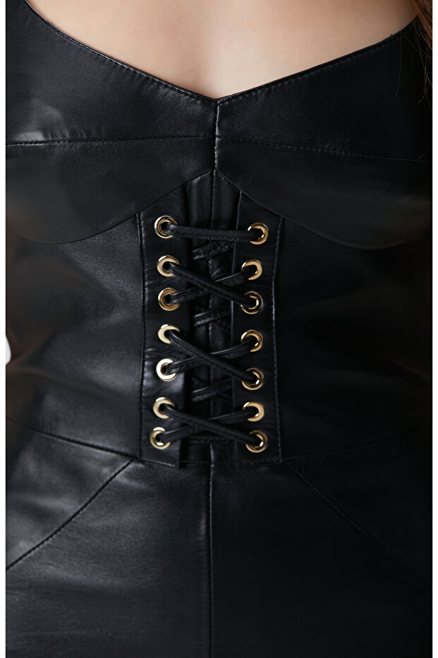 Siyah Deri Elbise - 7