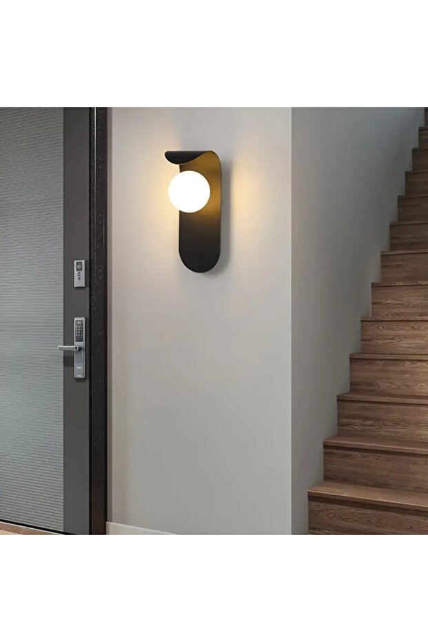 1 Adet Minimalist SİYAH Metal Aplik Glop Beyaz Camlı Duvar Lambası Yatak Odası-Yatak Başı-Banyo - 5