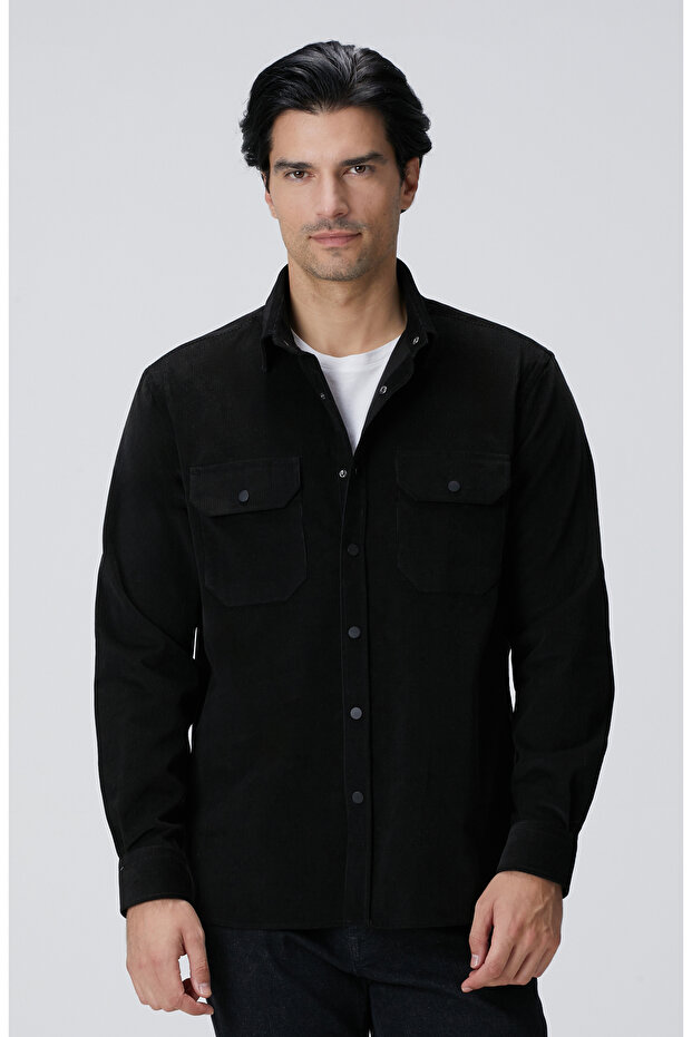 Siyah Çift Cepli Fitilli Kadife Gömlek - 1