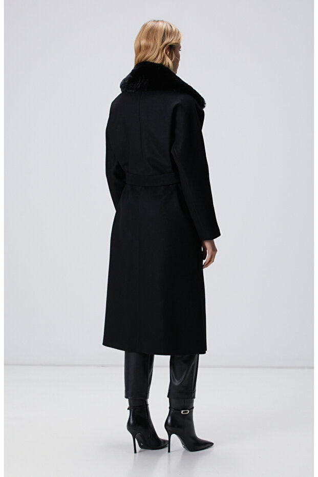 Siyah Kaşmir ve Yün Karışımlı Manto - 6