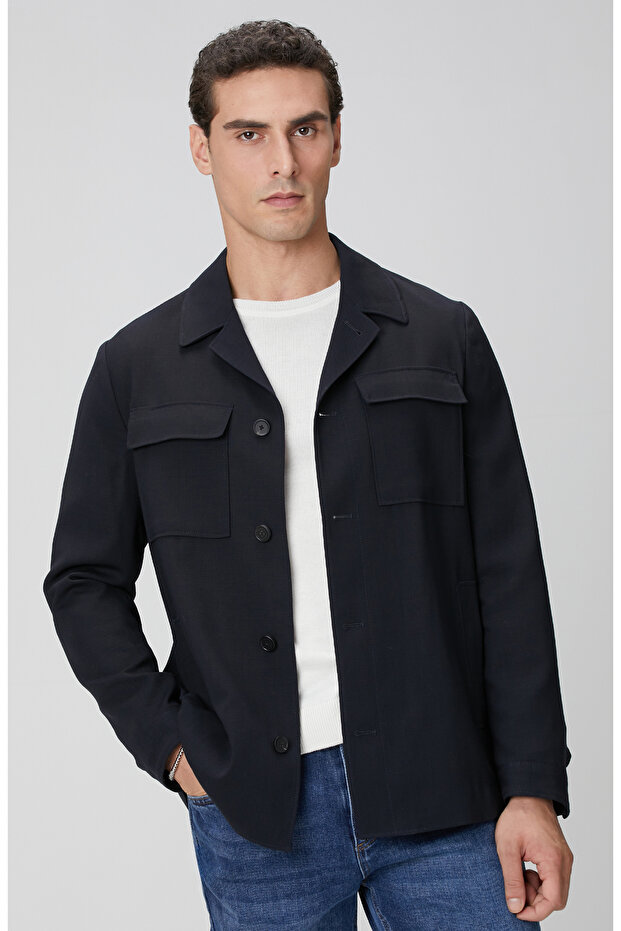 Koyu Lacivert Cep Detaylı Yün Dış Gömlek - 2