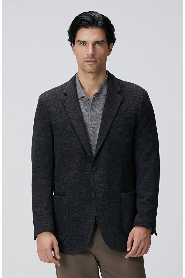 Antrasit Yün Karışımlı Örme Ceket - 1