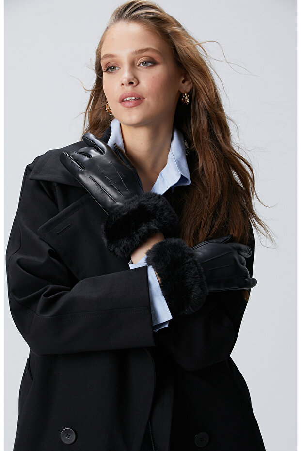 Siyah Kadın Deri Karışımlı Eldiven - 3