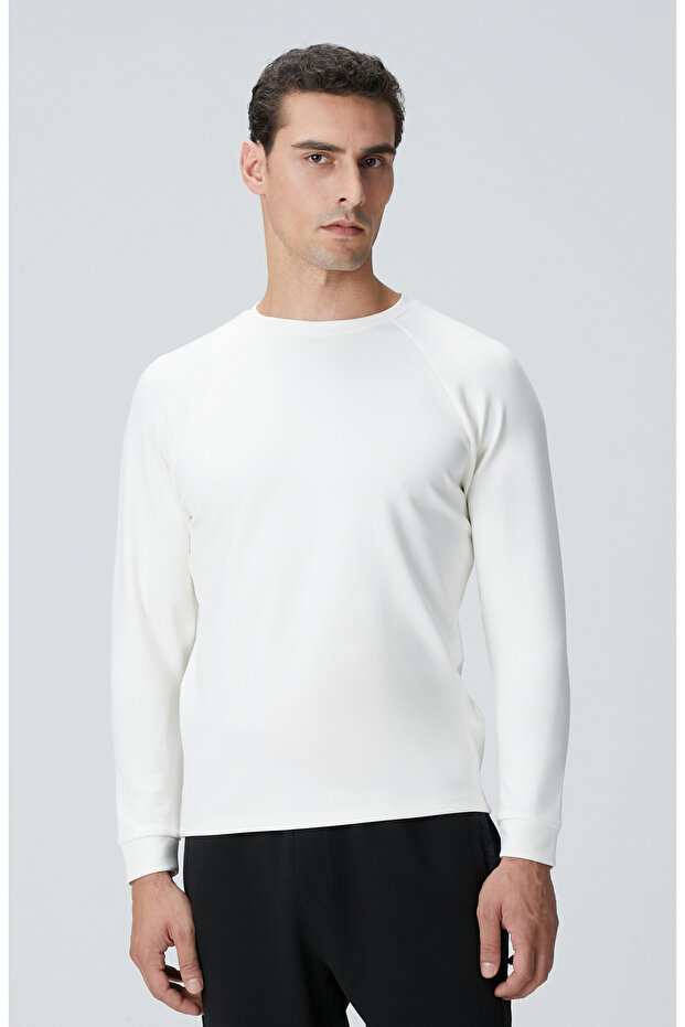 Kırık Beyaz Bisiklet Yaka Basic Sweatshirt - 2