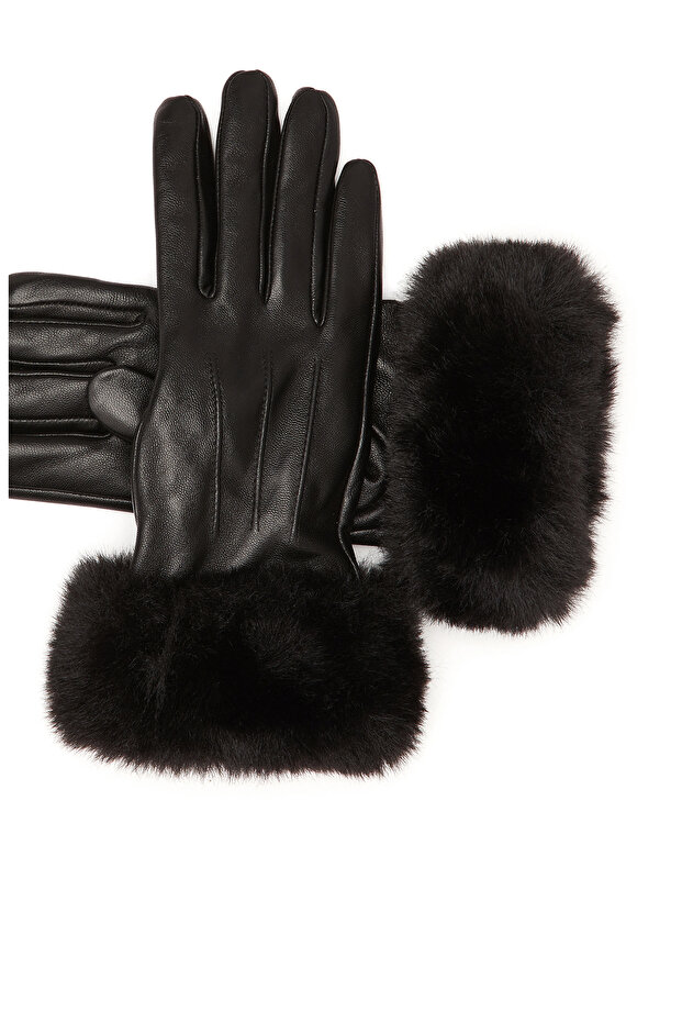 Siyah Kadın Deri Karışımlı Eldiven - 2