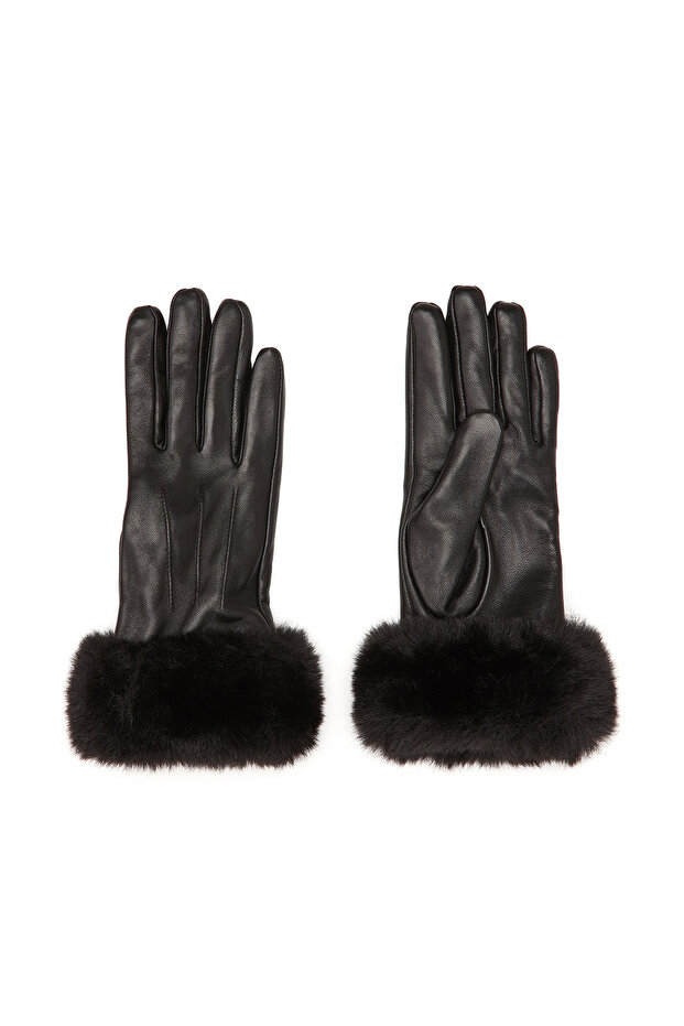 Siyah Kadın Deri Karışımlı Eldiven - 1