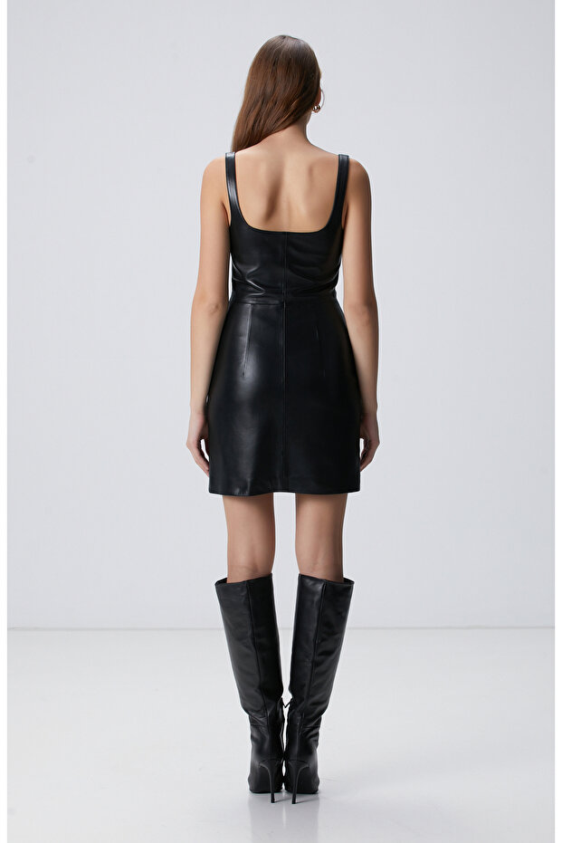 Siyah Deri Elbise - 6