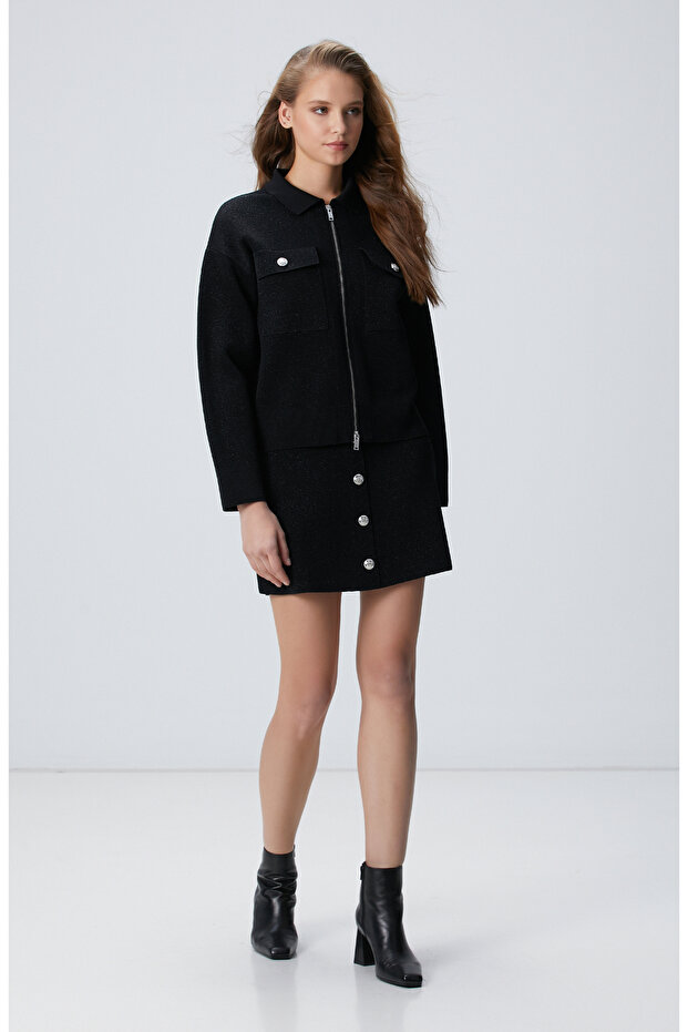 Siyah Simli Mini Triko Etek - 2