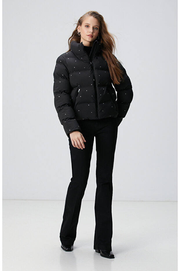 Siyah Taşlı Puffer Mont - 3