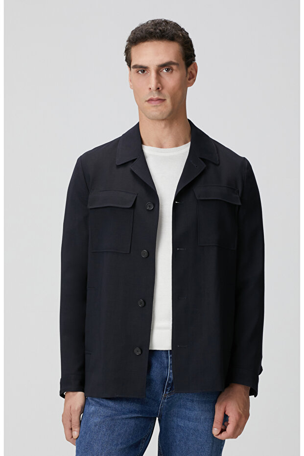 Koyu Lacivert Cep Detaylı Yün Dış Gömlek - 1