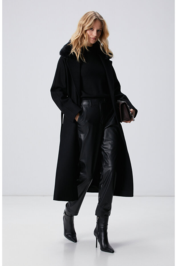 Siyah Kaşmir ve Yün Karışımlı Manto - 3