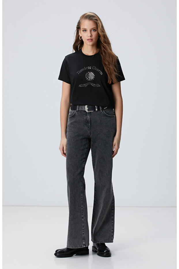 Siyah Taş İşlemeli T-shirt - 2