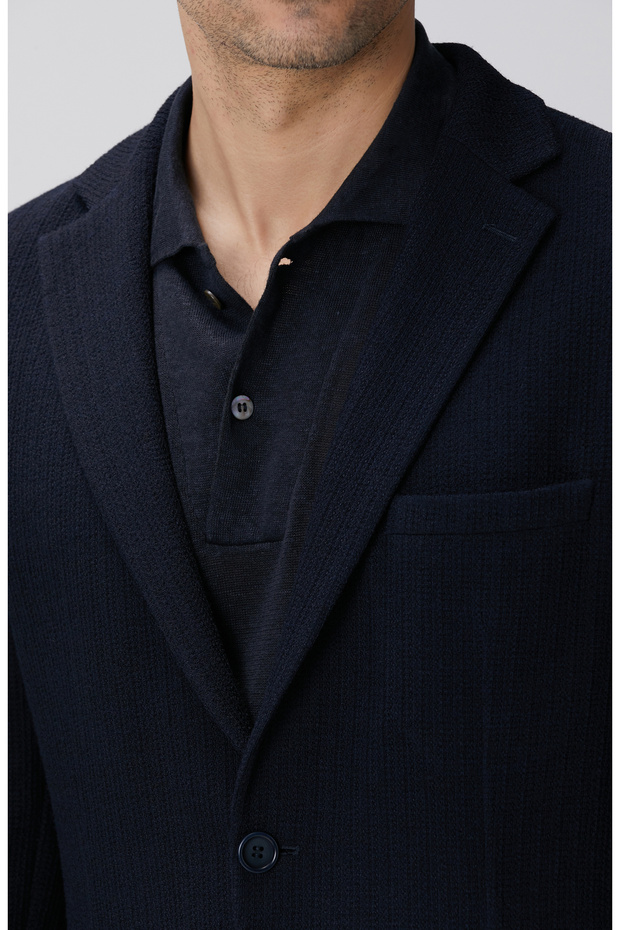 Lacivert Yün Karışımlı Örme Ceket - 6