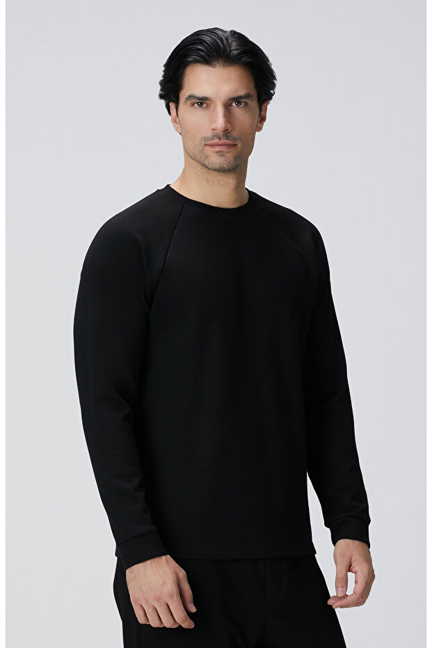 Siyah Bisiklet Yaka Basic Sweatshirt - 4