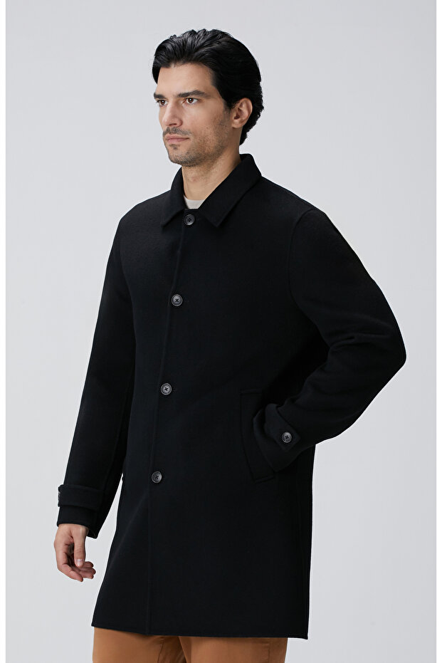 Siyah Yün Karışımlı Palto - 5