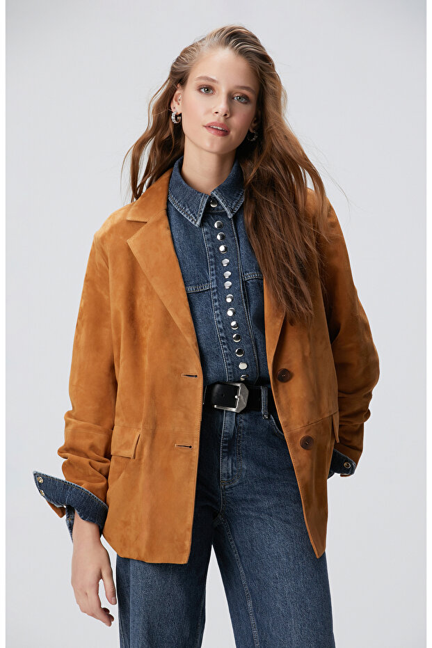 Camel Blazer Süet Deri Ceket - 1