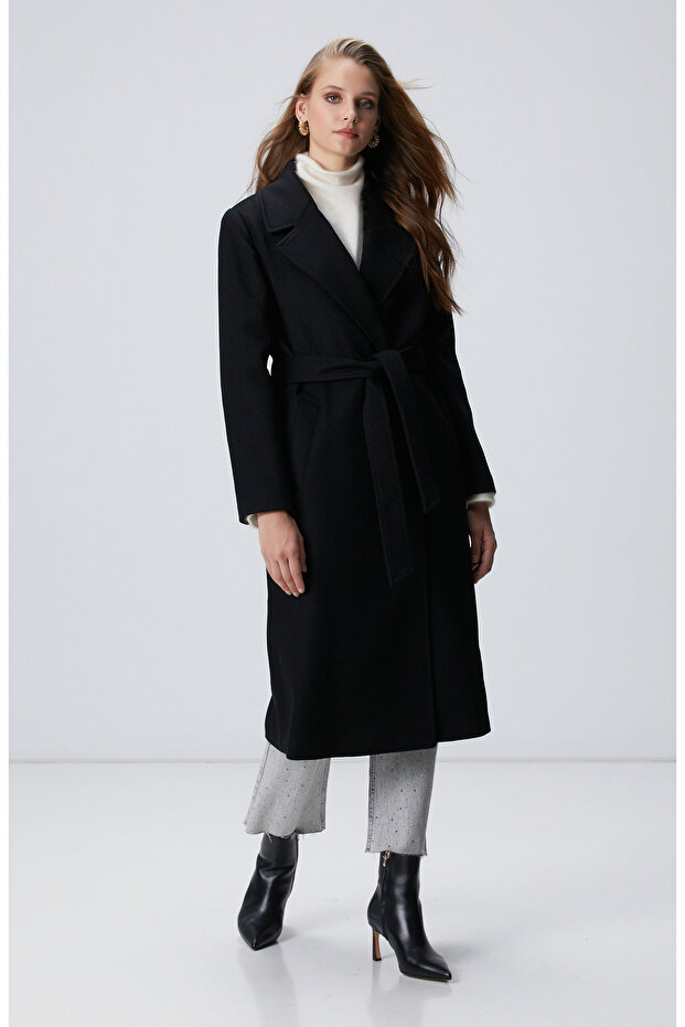 Siyah Kaşmir Ve Yün Karışımlı Palto - 4