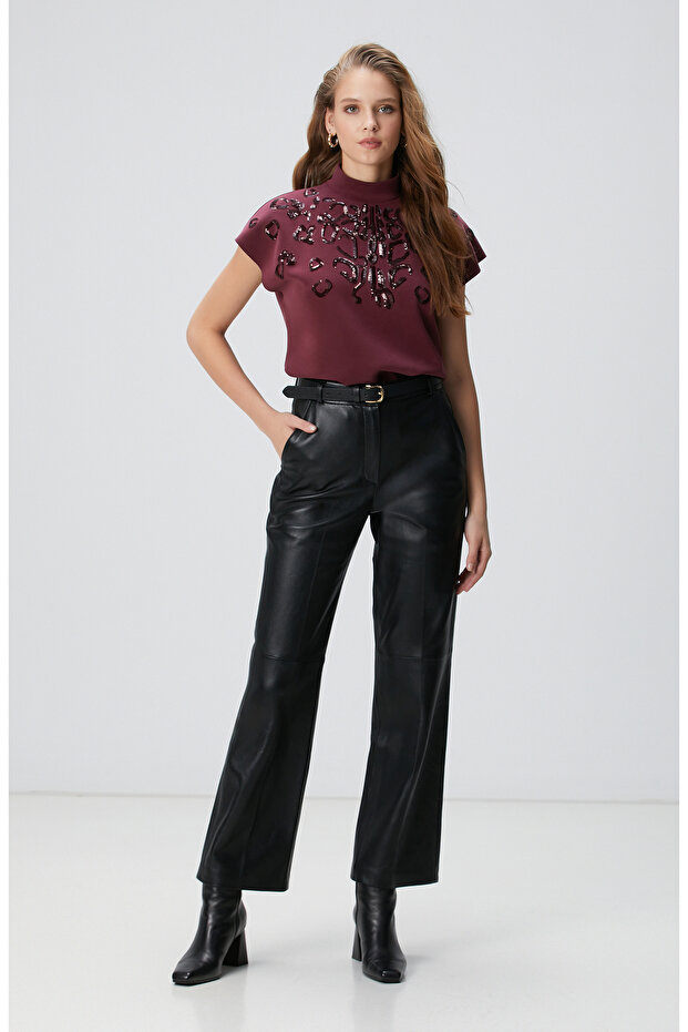 Bordo Payet İşlemeli T-shirt - 3