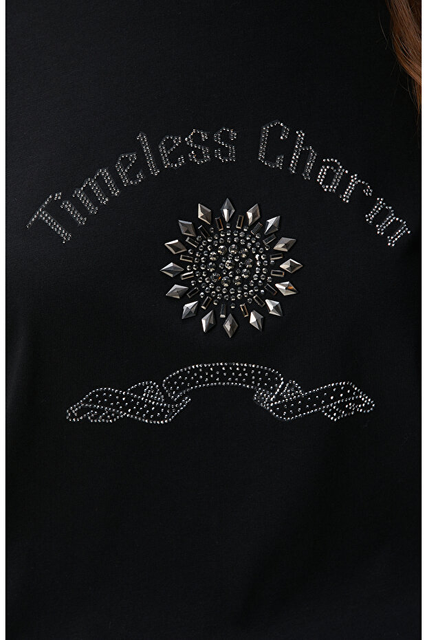 Siyah Taş İşlemeli T-shirt - 6