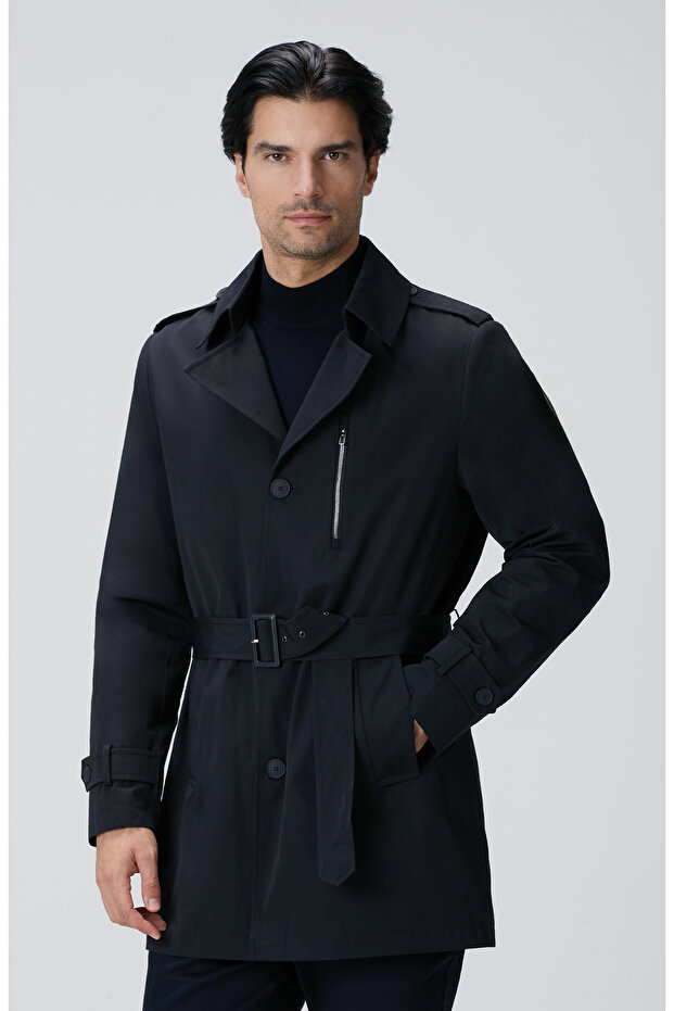 Lacivert Kuşaklı Pardösü - 4