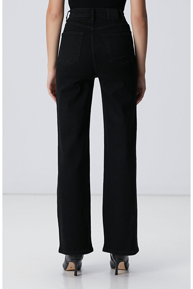 Siyah Geniş Paça Taşlı Pantolon - 5